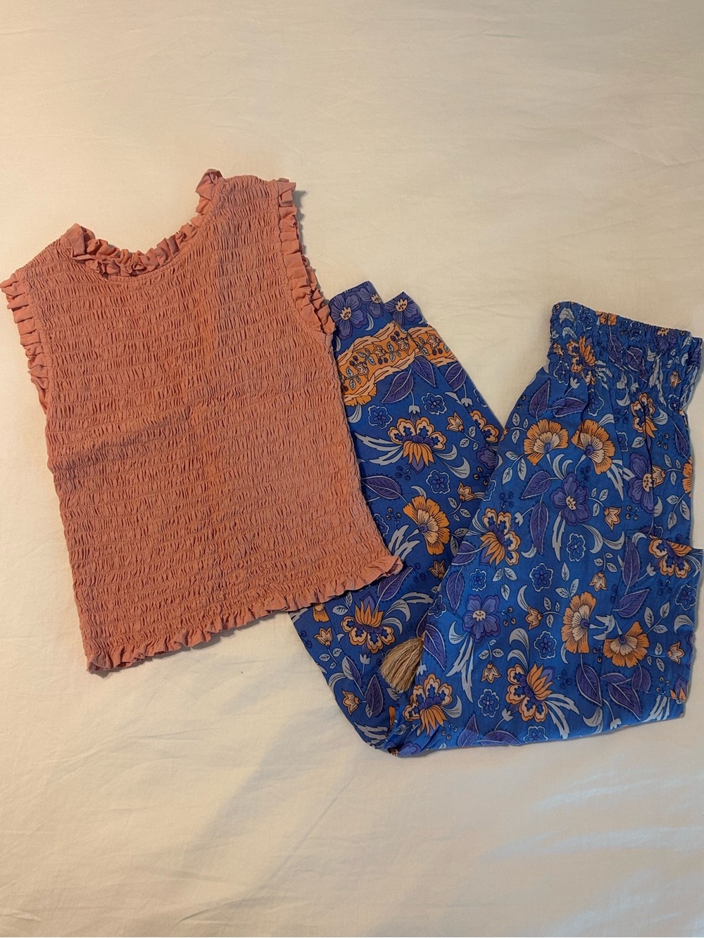 Joyous & Free Matching Set Smocked Peach Tank with Blue Floral Pants Set